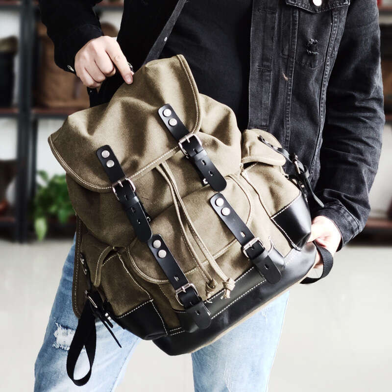 Travel Leather Waxed Canvas Backpack Male Vintage Laptop School Bag Large Waterproof Men Shoulder Hiking Rucack