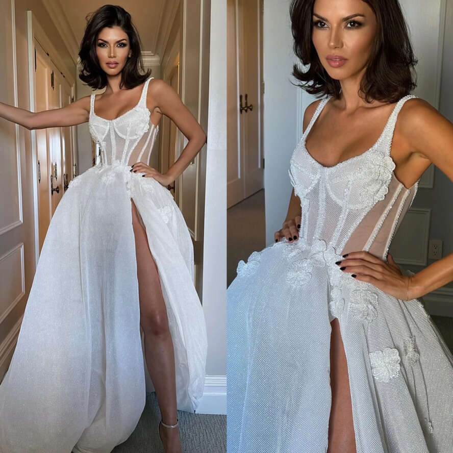 Dress E A Vintage For Bride Straps Illusion Bodice Appliqued Wedding Dresses Bridal Gowns Thigh Split Backless Glitter Country Robe De Mariage Pplique