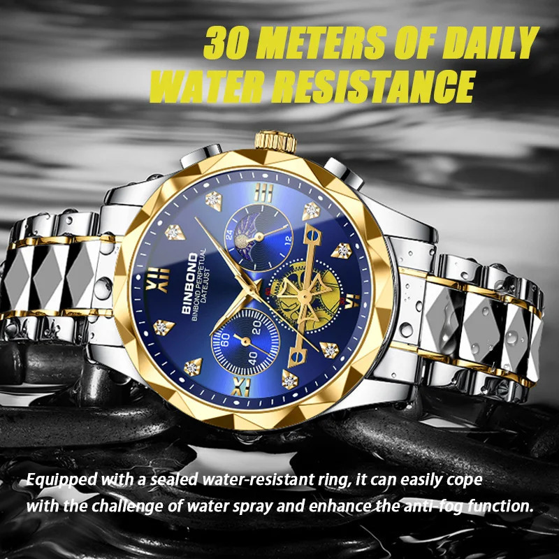 BINBOND Sports Watch Mens Waterproof Luminous Business Quartz Stainless Steel Fashion 241009