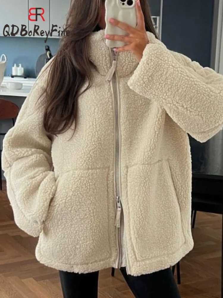 Women Winter Coat Thick Warm Lamb Wool Plush Jacket Casual Oversized Long Sleeve Tops Teddy Fleece Zipper Faux Lamb OvercoatX2410