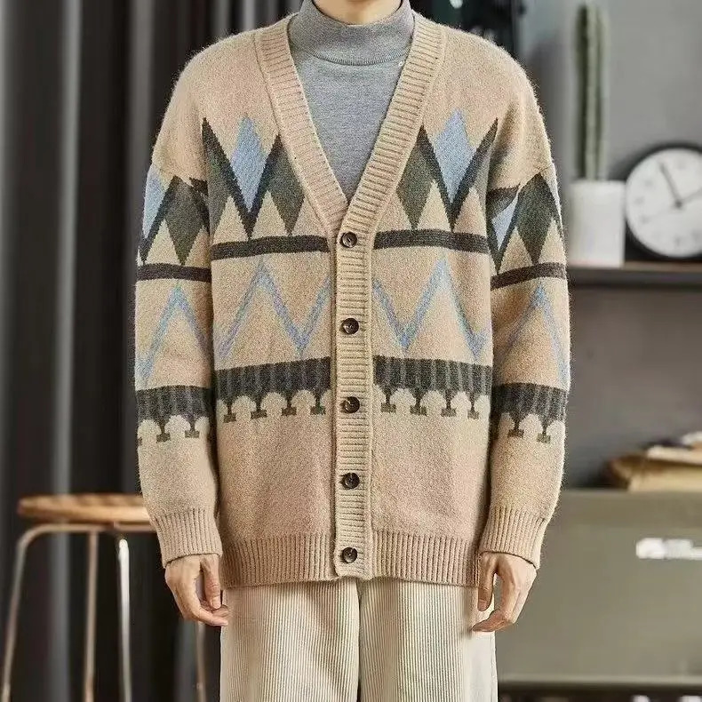 Vneck Knitted Sweater for Men Color Contrasting Closed Thread Coat Japanese Trendy Versatile Cardigan 241018