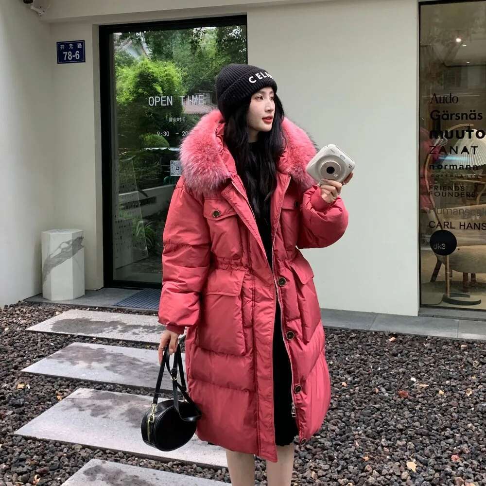Female Feather Waterproof Winter Long Puffer 2024 Fashion Real Raccoon Fur Hooded White Duck Down Jacket Women
