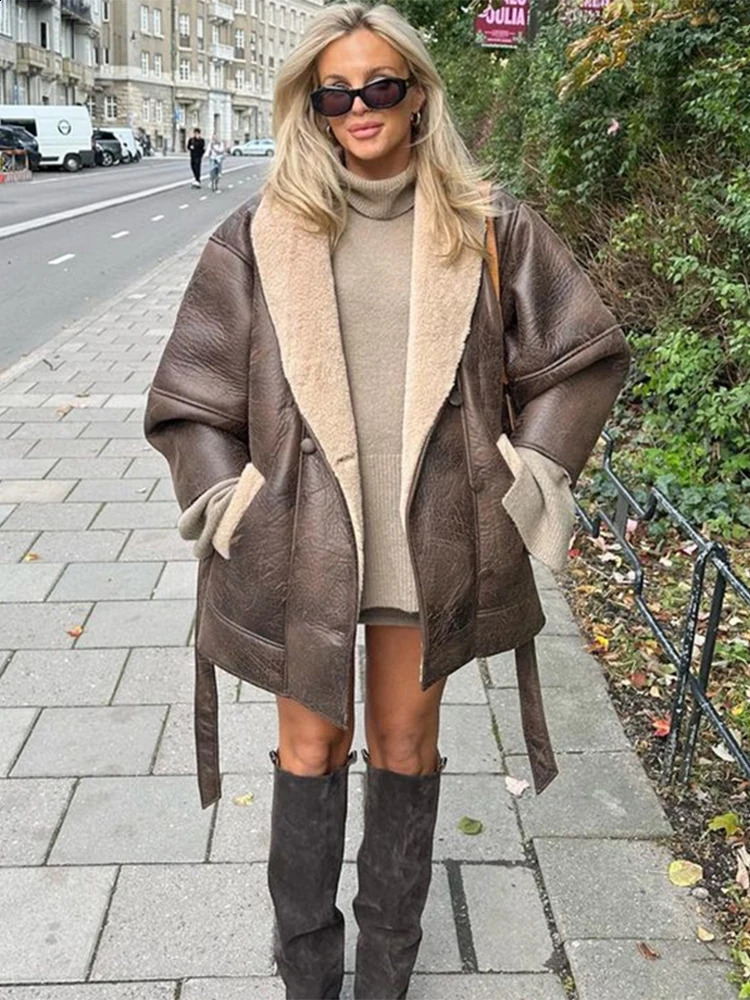 Thick Leather Jacket Women Winter Fashion Plush Single Breasted Turn-down Collar Belts Elegant Coat Female Long Sleeve Overcoat 241017