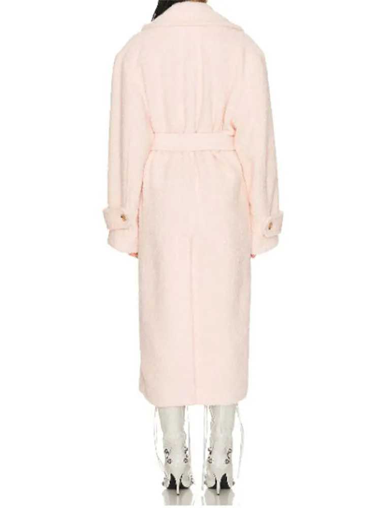 Sweet Pink With Belt Woolen Overcoat Women Fashion Lapel Long Sleeve Warm Long Coat 2024 Autumn Winter New Lady Street OuterwearX241009