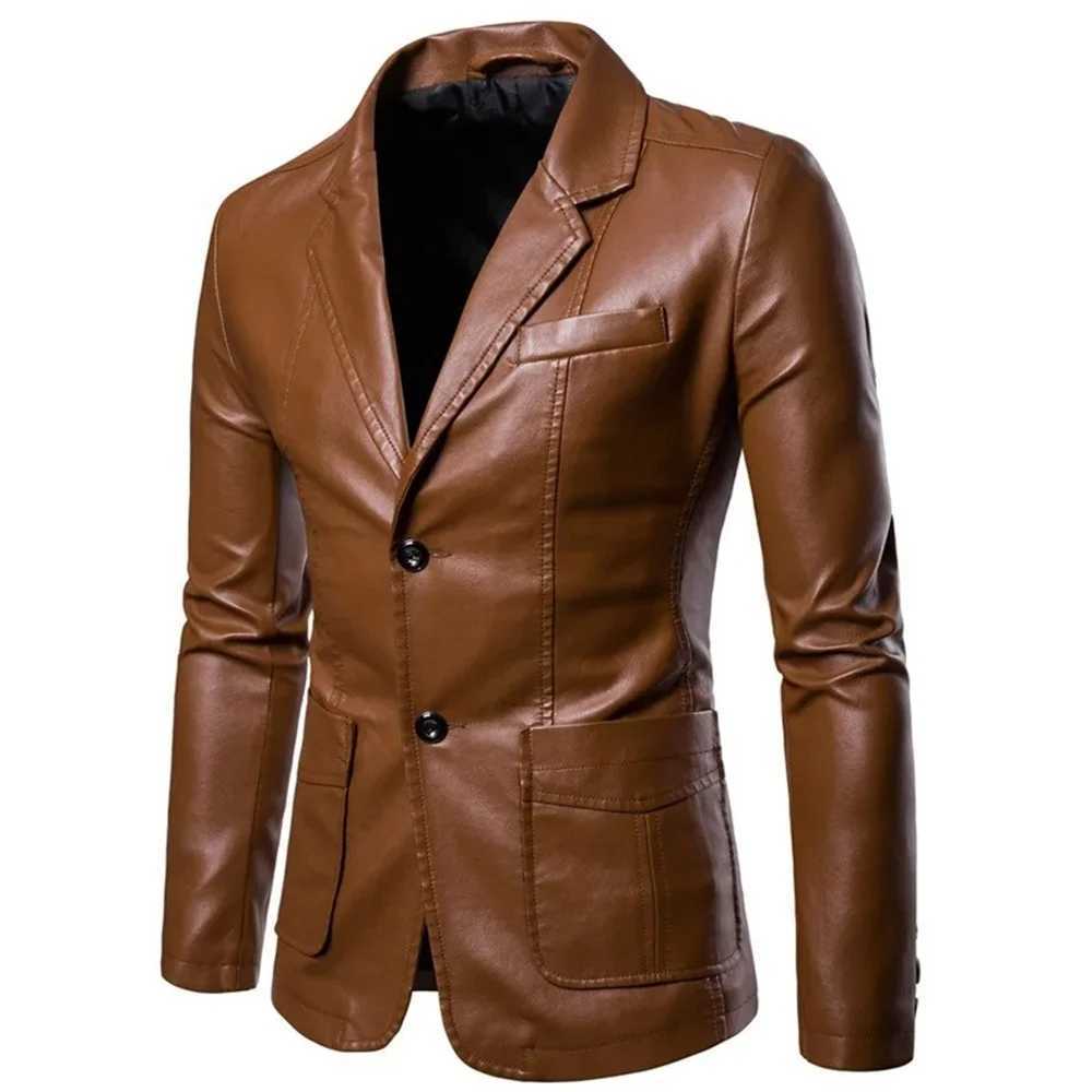 Spring and autumn new mens fashion lapel leather dress jacket ultra-thin suitable for windproof jacket mens business casual Pu jacket Y241018