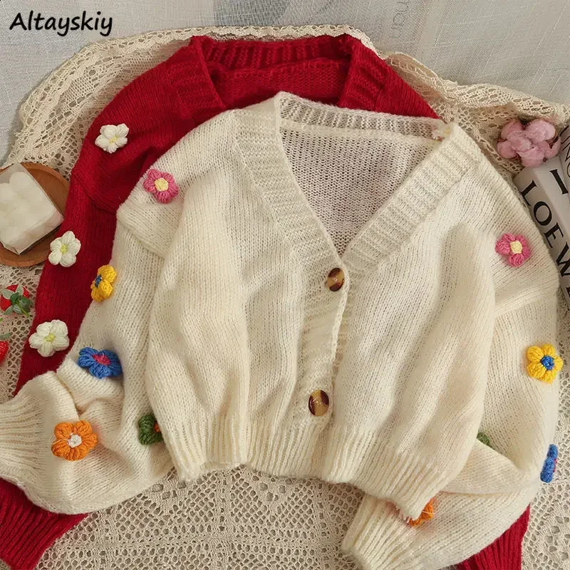 Cropped Cardigan 3D Flower Vneck Kawaii Retro n Allmatch Mujer Sweater Tender Girlish Aesthetic Fall Arrival Ulzzang 241010