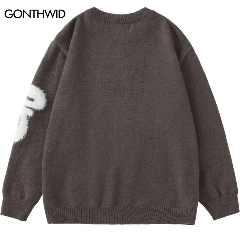 Harajuku Fluffy Letter Sweater Hip Hop Knitted Jumpers Streetwear Men Fashion Casual Loose Pullover Sweaters Knitwear 241018