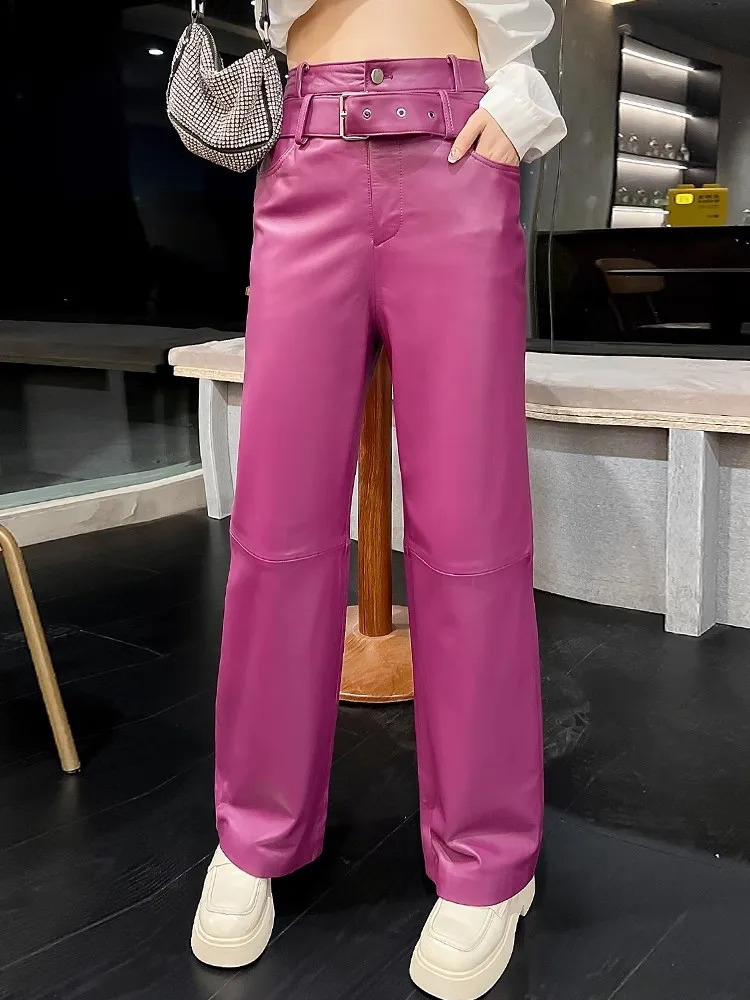 Autumn womens high waisted waistband wide leg straight pants sheepskin real leather pants casual street clothing long goods Trousers 4XL 241018