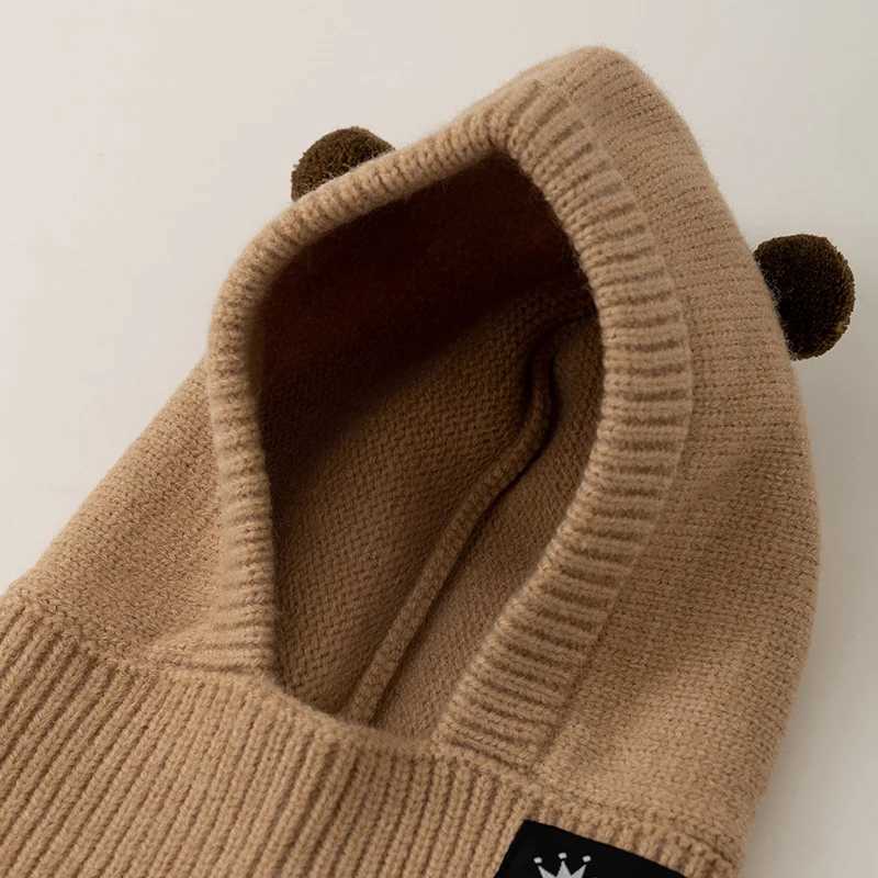 Cute Pompom Kids Balaclava Hat Winter Warm Ear Protection Cap Scarf One Piece Solid Color Wool Kids Beanie Caps LX241018