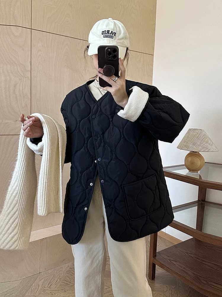 FIGOHR Lamb Wool Patchwork Jacket Korean Argyle Loose Coat Premium Lightweight Warm Cotton Jacket Women 2024 Autumn WinterX241018