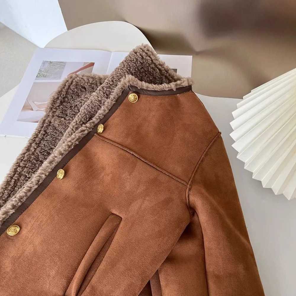Women Thick Casual Jacket Autumn Winter Lambswool Patchwork Single Breasted Outerwears Vintage Temperament Office Lady CoatsX241018