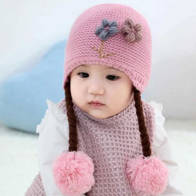 Baby Girl Knitted Braids Hat Flower Pattern Knitting Caps with Ball Winter Warm Baby Beanies 6-24M Kids Hat Child Decoration LX241018