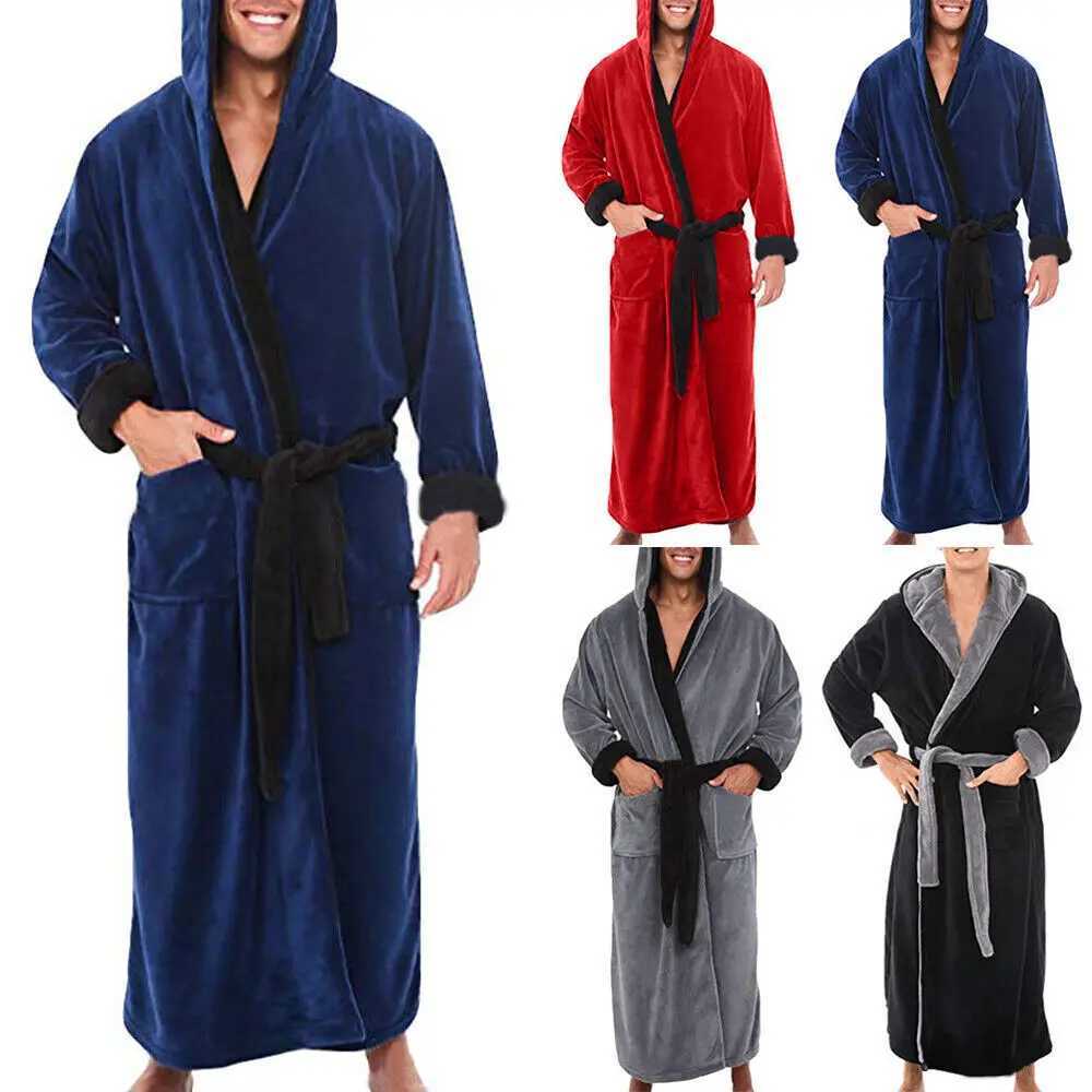 New Mens Bathrobe Long Dressing Fleece Hooded Nightgown Autumn and Winter Oversized Long Sleeve Pajamas Males Home ClothingXJ241018