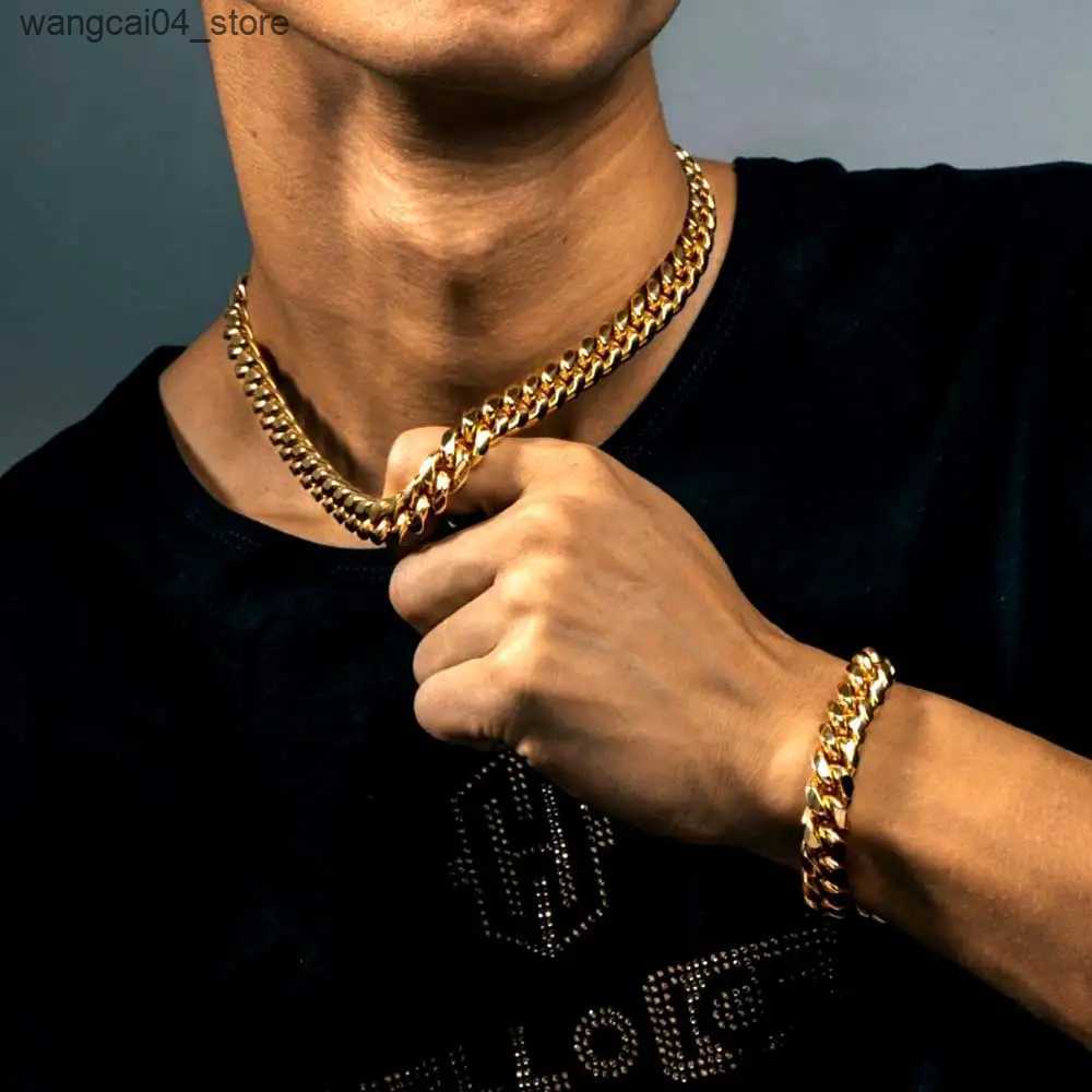 Chokers Gold Plated Mens Heavy duty Miami Cuban Chain Necklace with Laboratory Diamond Buckle Stainless Steel Hip Hop Thickness 10mm/12mm Necklace L24