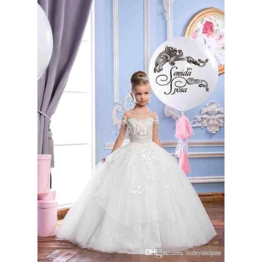 White Ball Wer Modern Girls Tulle Applique Beaded Sheer Neck Princess Girls' Pageant Party Dresses Birthday Gowns Ba5120 '