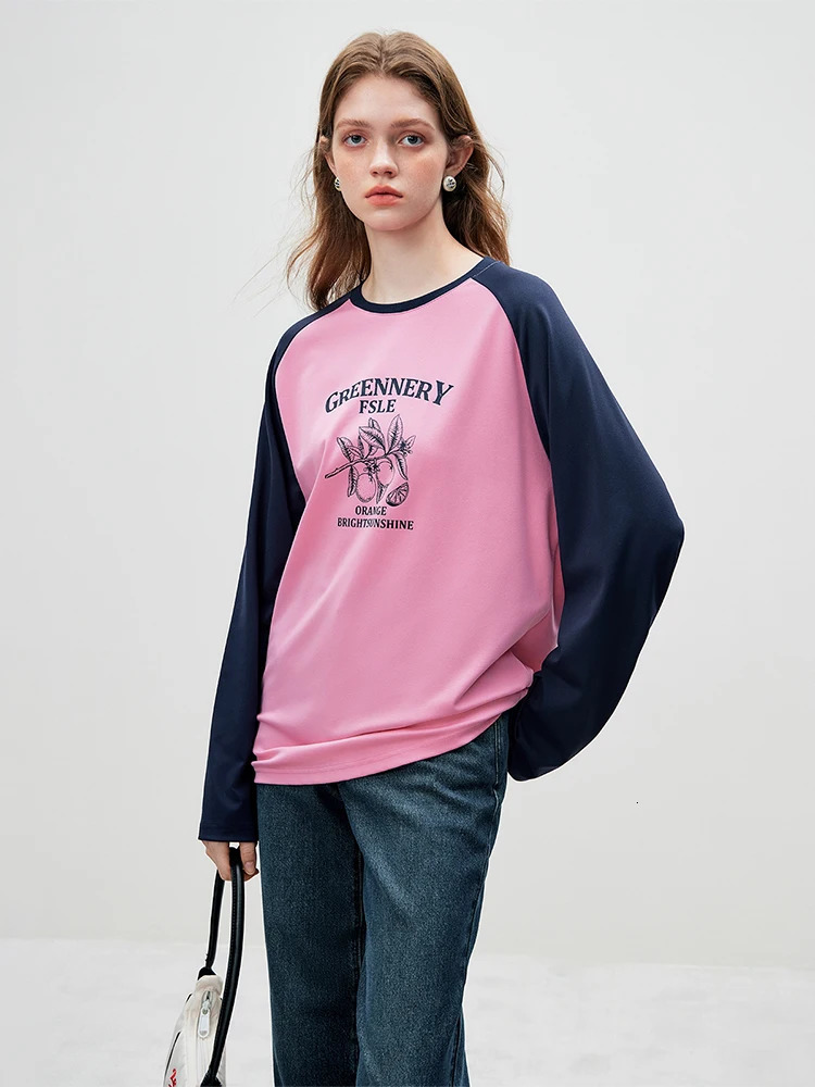 FSLE Contrasting Raglan Sleeve Print Long Women Top Autumn Casual Round Neck Female Tshirts 241018