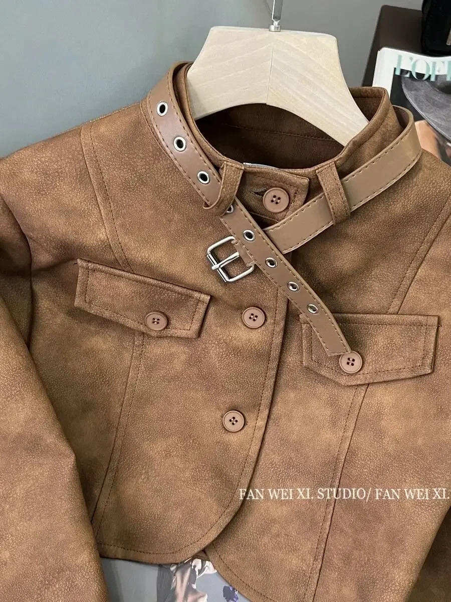 GkyocQ Korean Chic Women Coats Retro Brown Stand Collar Long Sleeve Lace Up Slim Short Jacket Pu Leather Female Tops Clothes 241018