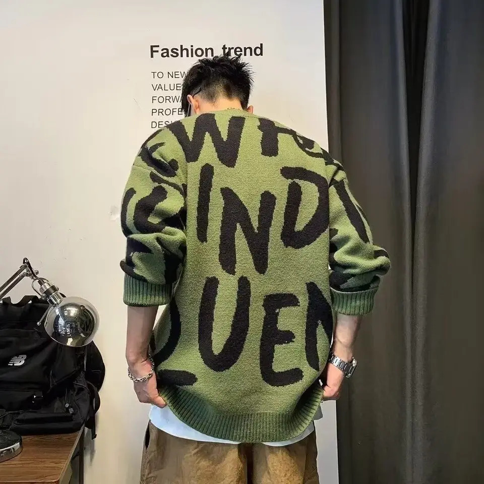 Pullover Man Letter Green Knitted Sweaters for Men Crewneck Loose Knitwear Round Collar Clothing Deals Fit Woven Top 241018