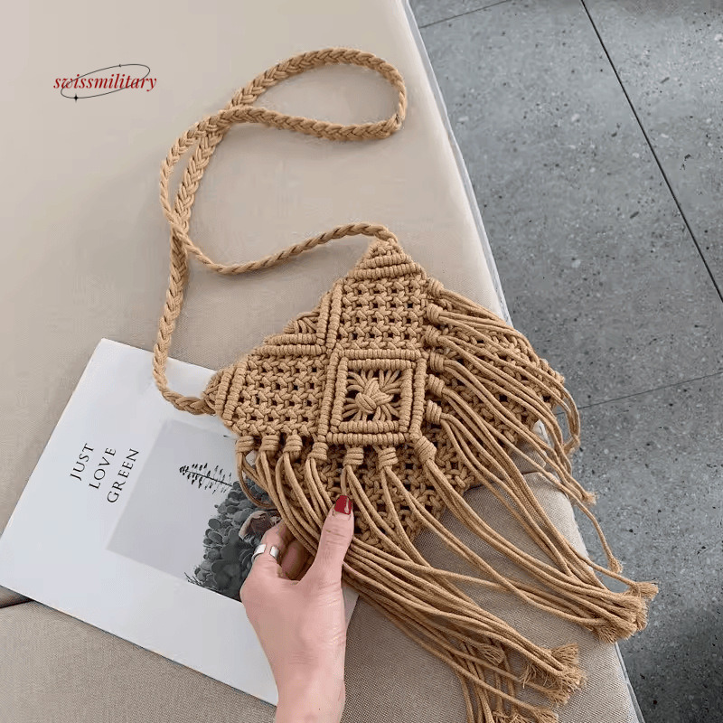 Tassel grass Bohemian hand woven small square single shoulder diagonal cross bag, beach bag for women #23 swissmilitary