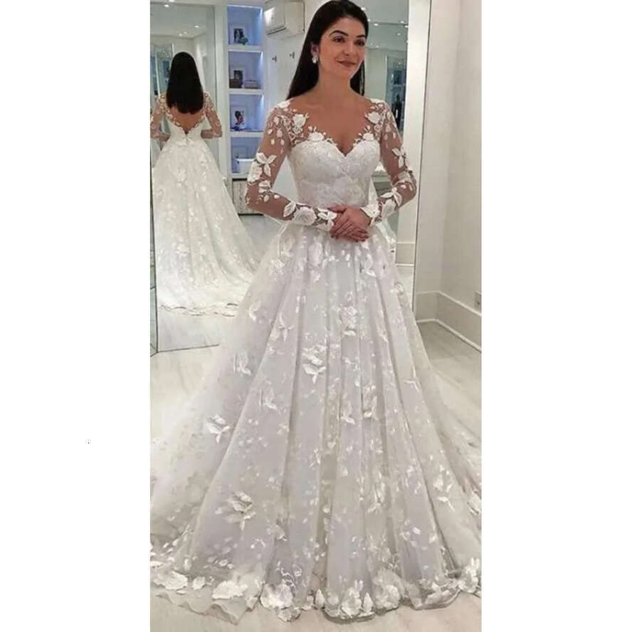 White Women Wedding Sexy Dress Deep V-Neck Long Mesh Lace Sleeve A-E Pleated Or-Length Dresses Es 0417 es