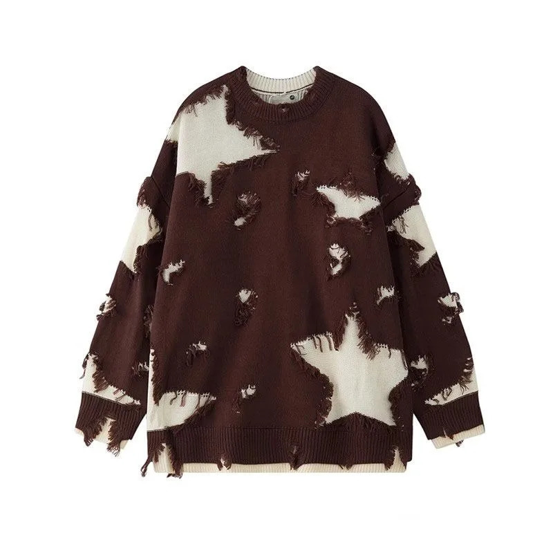 American Fashion Joker Star Hole Sweater Raw Edge broken wind Y2K Vintage Heavy Casual Pullover Men And Women 241018