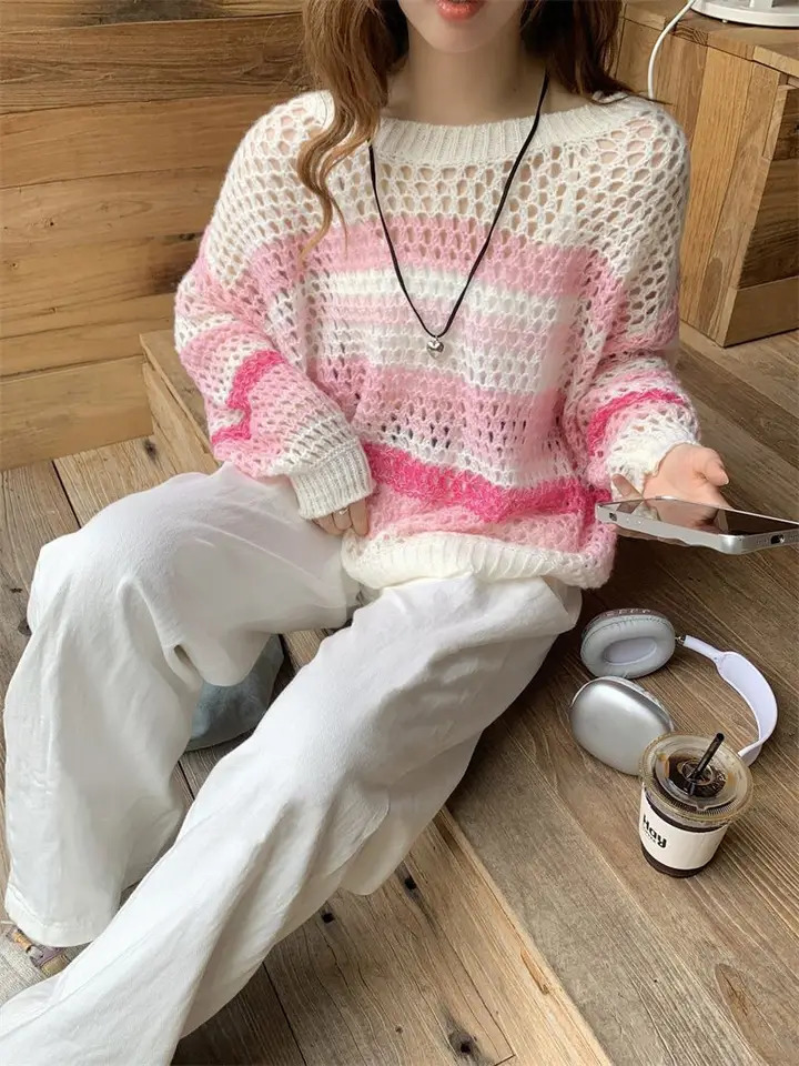 Pink Long Sleeve Tshirt Women Summer Thin Section Hollow Ice Silk Knit Sunscreen Coverall Korean Loose Tops Rainbow Stripes 241018