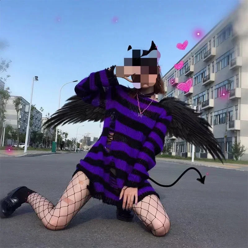 Goth Punk Gothic Sweater Oversized Pullover Striped Cool Hollow Out Hole Broken Jumper Harajuku Aesthetics 241009