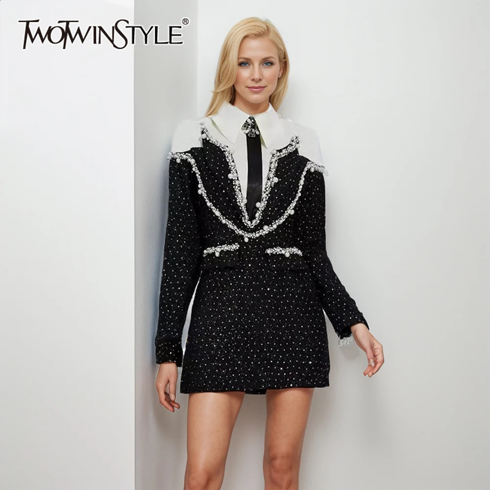 TWOTYLE Elegant Embroidered Glitter Dress for Women Flip Collar Long Sleeve High Waist Splicing Pearl Colored LOC Dress Womens Style 241017