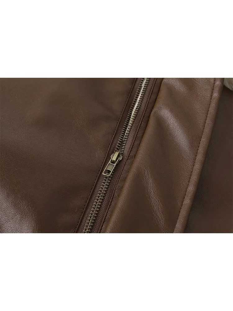 Winter Womens Fur Leather Coats Long Sleeved Loose Warm Lamb Wool Vintage Thickened Locomotive Lapel Female PU Motorcycle CoatX241018