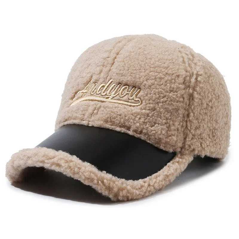 Men Women Lamb Wool Embroidery Letter Baseball Cap Autumn Female Winter Warm Outdoors Fashion Snapback Adjustable Hat CasquetteX241018