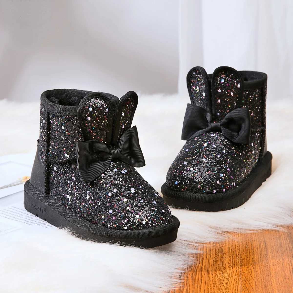 Boots Childrens snow boots girls rabbit fur warm boots baby cotton sports shoes sequined genuine leather princess fashion boots H241018