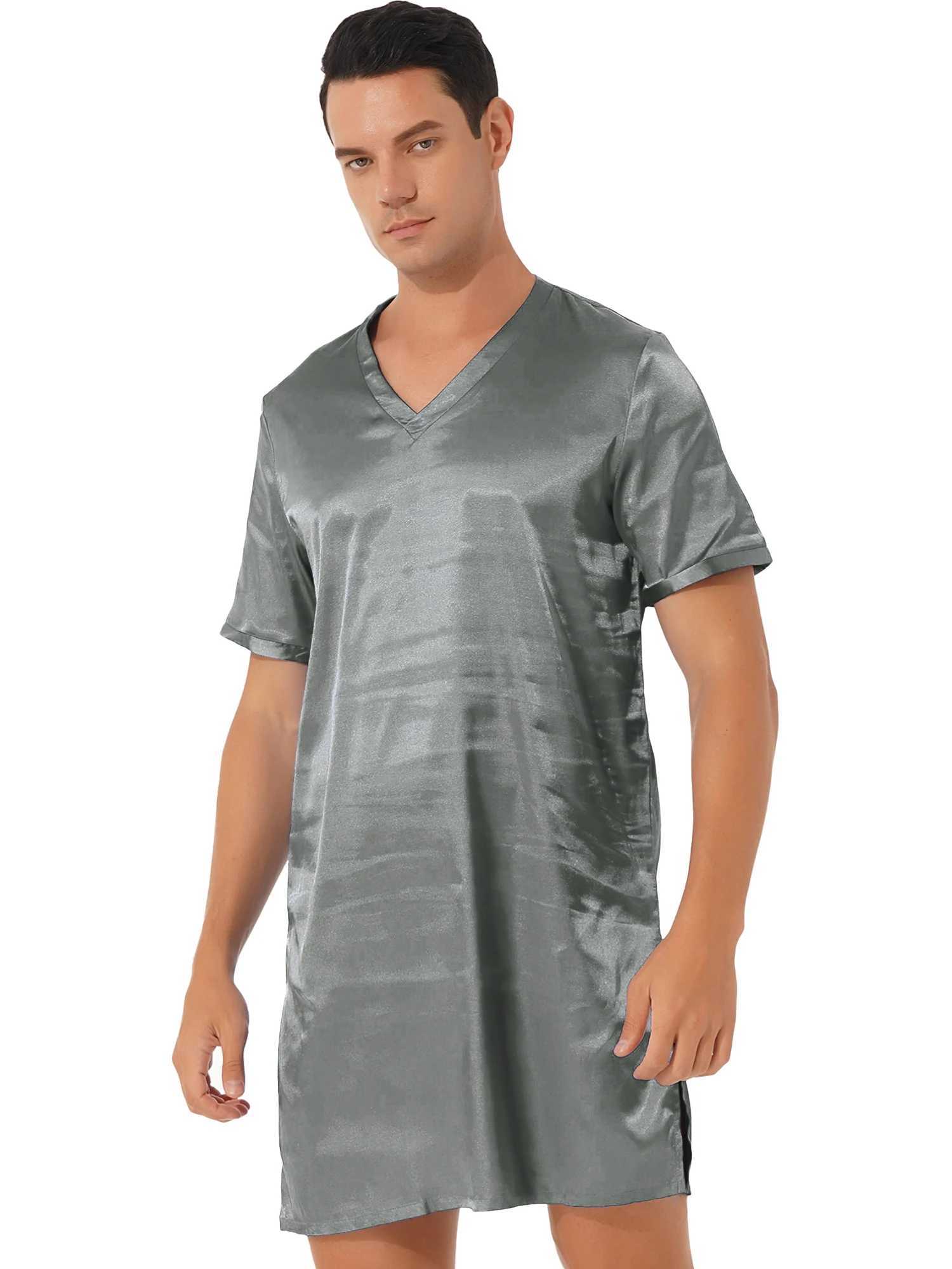 Men Women Satin Pajamas Nightgown V Neck Short Sleeve Bathrobe Sleepwear Pijama Nightclothes Homewear Sides Split NightwearXJ241018