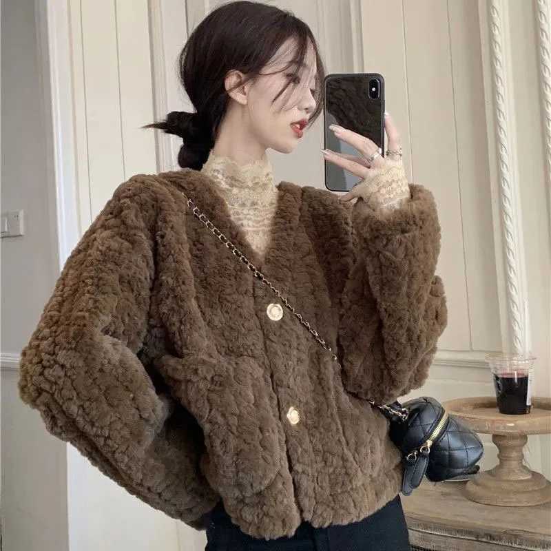 Zoki Women Lamb Wool Jackets Autumn Winter Thick Warm Faux Fur Button Outerwear Korean Loose Elegant V Neck Furry Short CoatX241018