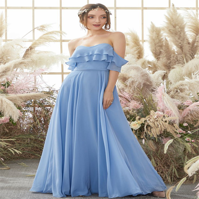 Off Shoulders Blue Bridesmaid Dresses 2025 Elegant Boho Chiffon Maid Of Honor Dress Floor Length Wedding Guest Dress Simple Vestio De Fiesta Formal Ev