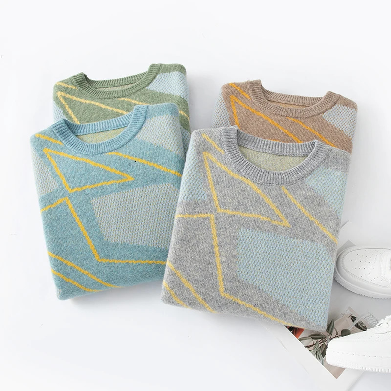 100% pure wool mens Oneck thick color matching sweater autumn and winter business casual loose knit cashmere 241018