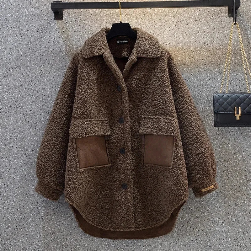 Women Grain Lamb Wool Jacket Autumn Winter Fat Sister Is Thin Thick Chic Hong Kong Style n Female Coat 241018