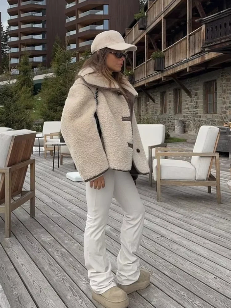 Fashionable Sherpa leather button patch work jacket elegant lapel long sleeved warm jacket winter womens fashion street commuting jacket 241008