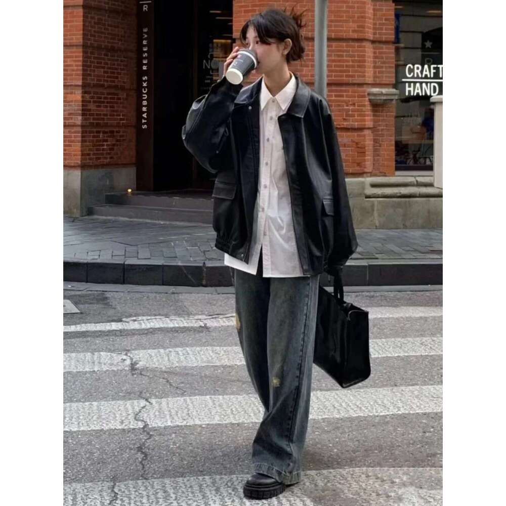 Motorcycle Vintage PU Leather Jacket Women High Street Oversize Moto Biker Coats Punk Loose Casual Cropped Outerwear