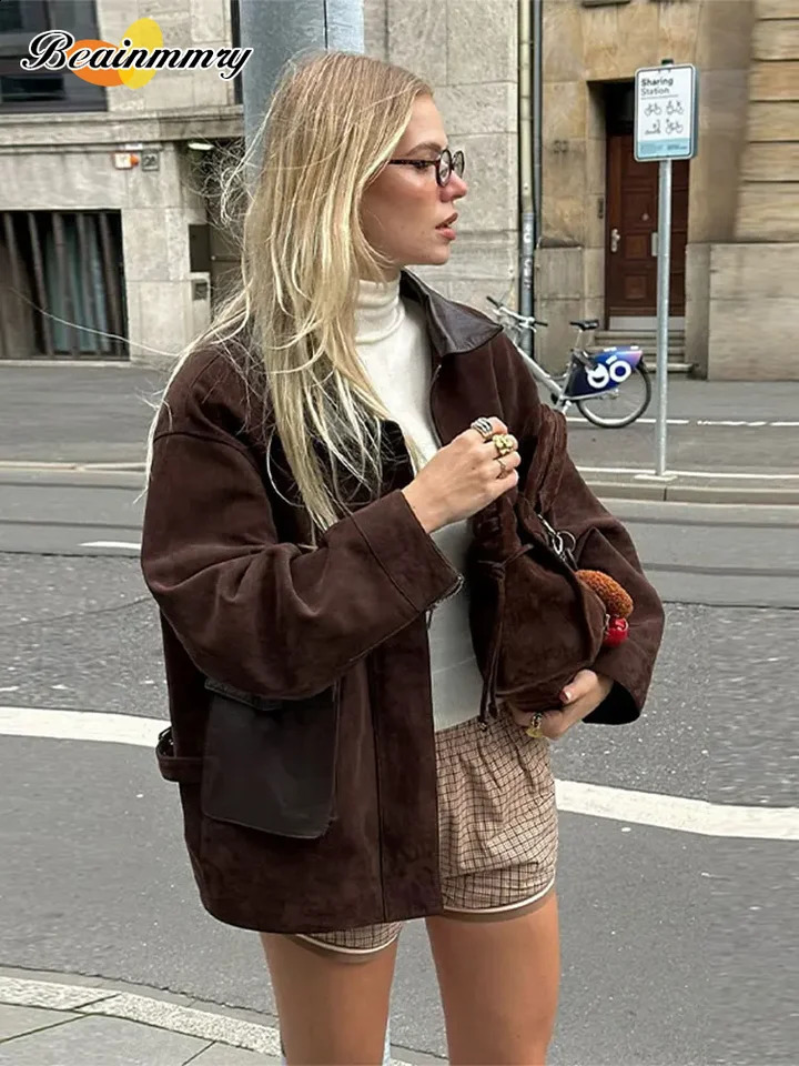 Retro Brown Zipper Suede Womens Jacket Elegant Lapel Long Sleeves Pocket Short Coats Autumn Chic Lady Commuting Street Outwears 241017