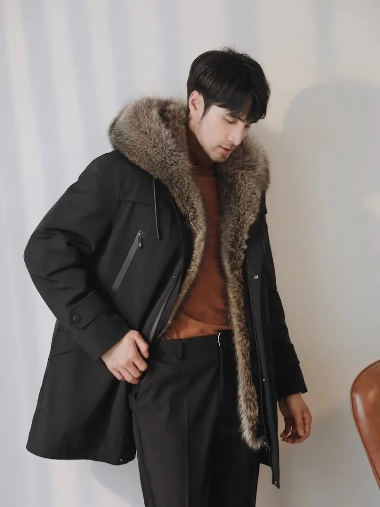 Casual Mens Windbreakers Coat HighQuality Warm Raccoon Fur Lining Winter Parkas Middle Length Hooded Overcoat Male Long Jacket 241018