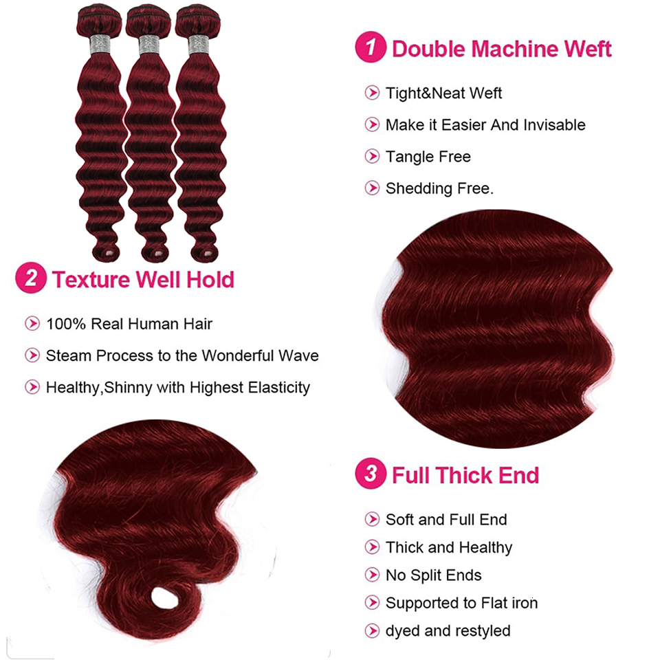 Loose Deep Wave 4X4 Closure 99J Bury Bundles With Closure Reddish Brown Colored Human Hair