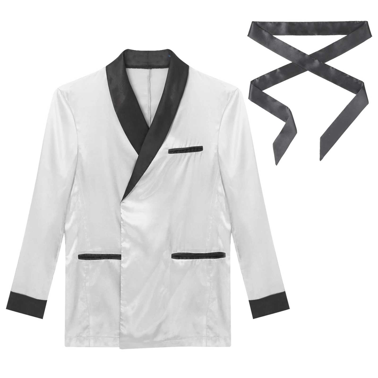 Mens Satiny Smoking Jacket Robe Nightwear Sleepwear V-Neck Short Coats House Kimono Bathrobe with Belt Gym Wear Spa Bathing SuitXJ241018