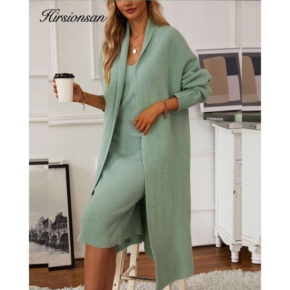 Hirsionsan Soft Elegant Women Suits 2 Pieces Female Sets V Neck Tan Midi Dresses & OL Style Knitted Long Cardigan Tracuit
