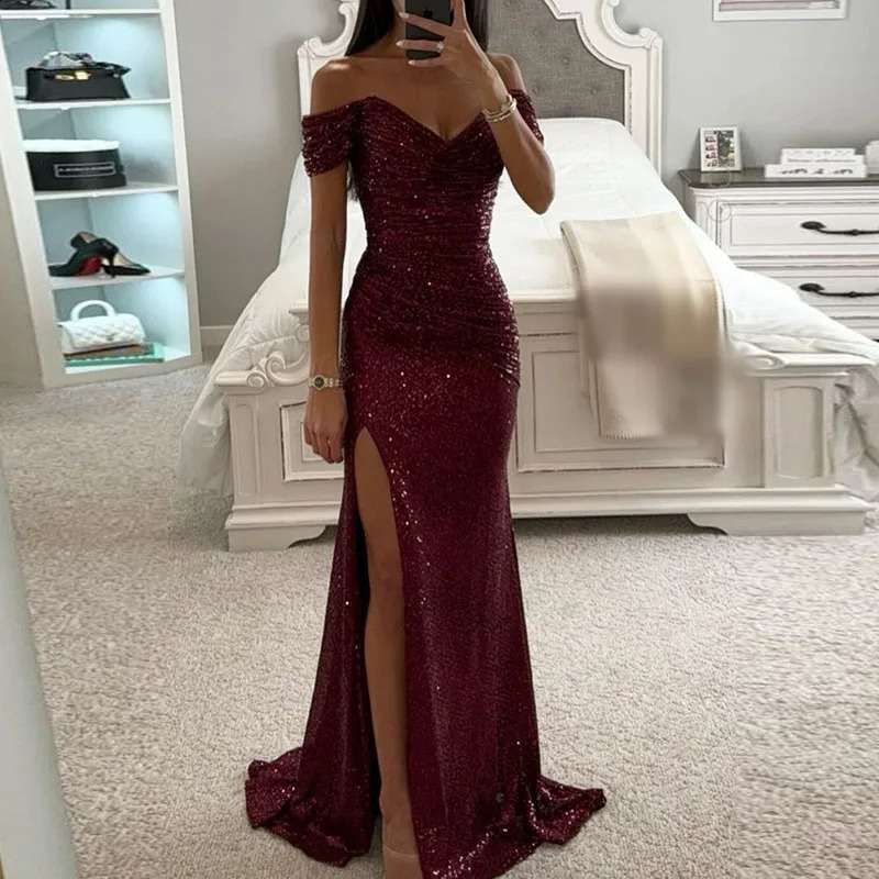 Womens slanted neck high score style evening dress with sequins shark slim fit buttocks long dress spring and summer shoulder hollow long dress 241017