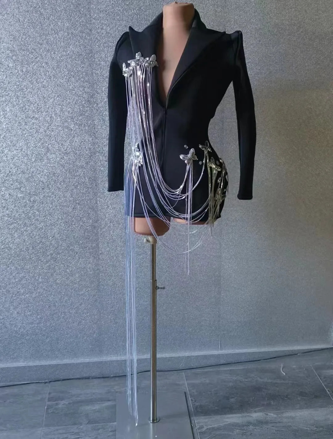 Collar Birthday Party Nightclub Dress Singer Dress Sparkling Tassel Chain Mini Dress Black Fashion Set 241017