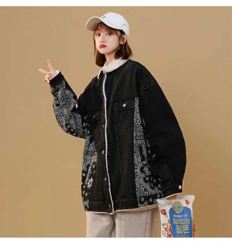 Vintage Winter Thicken Lambswool Denim Jackets Fashion Long Parkas Turn-down Collar Chic Printed Coats Warm Clothes for WomenX241018