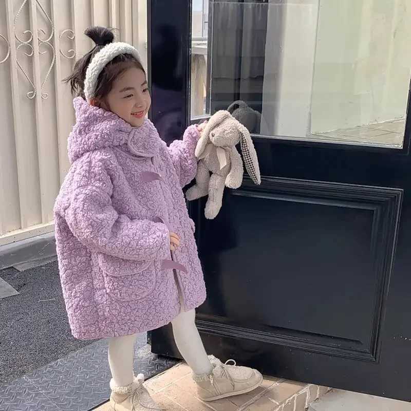 Womens plush jacket wool autumn and winter thick and fashionable medium length cashmere hoodie simple purple M241018