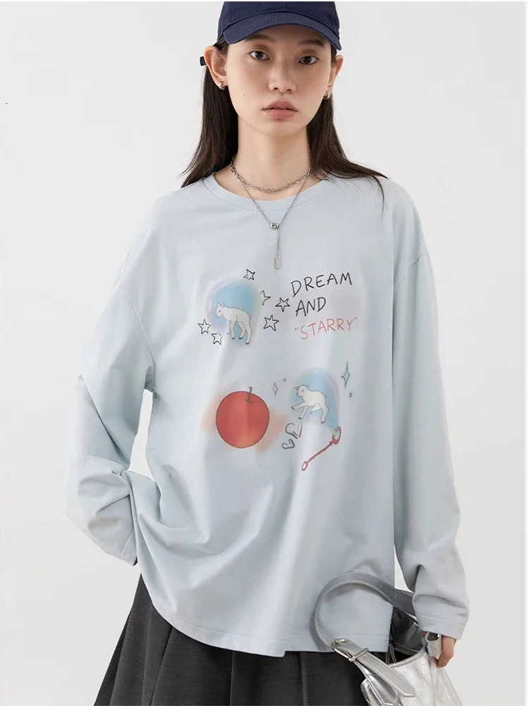 CHIC VEN Women TShirts Loose Long Sleeve Cartoon n Round Neck Lamb Print Female Tees Woman Top Spring Autumn 241018