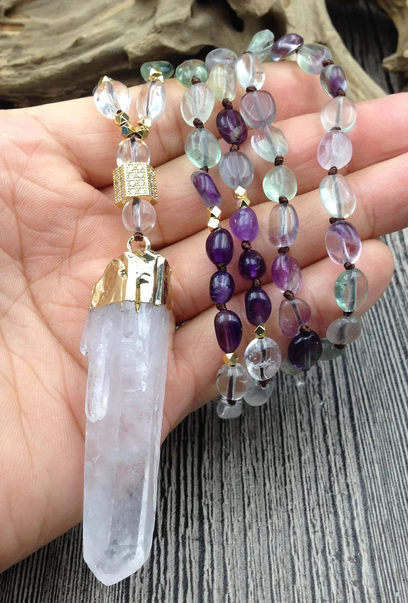 YA2830 Natural Quartz Pendant Fluorite Quartz Irregular Diamond Bead Knot Handmade Necklace 241018