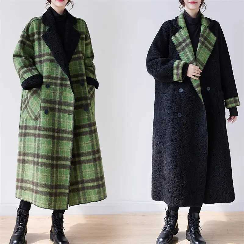 Oversized Womens Reversible Jacket Winter Plush Thickened Plaid Woolen Coat Vintage Long Loose Green Overcoat Windbreaker Z3460X241009
